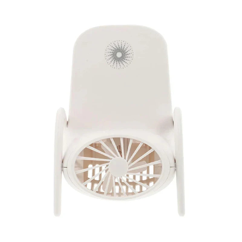 Soporte para teléfono de coche: mini ventilador blanco con forma de silla visto desde el frente, mostrando su rejilla de aspas