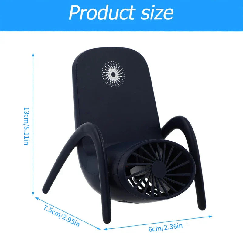 Car Phone Stand Holder - Dark chair-shaped mini fan with size labels: 13cm height, 7.5cm depth, 6cm width