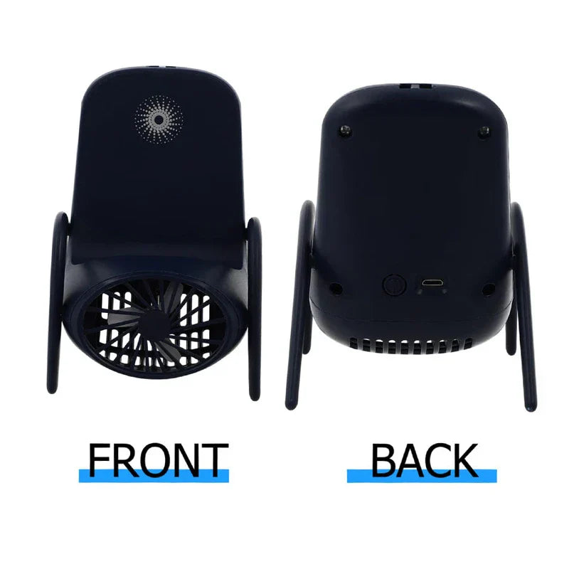 Soporte para teléfono de coche: vistas frontal y trasera del mini ventilador oscuro con forma de silla, mostrando el puerto USB y el botón en la parte trasera