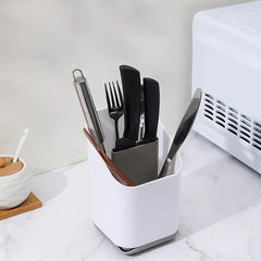 Chopstick Utensil Drainer Caddy Basket - Divided kitchen caddy holding knives, forks, and utensils on marble countertop