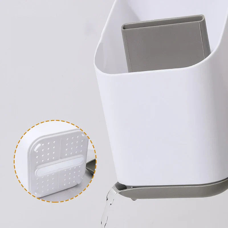 Chopstick Utensil Drainer Caddy Basket - Kitchen caddy with closeup inset of perforated drainage base and water draining from tray