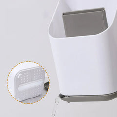 Chopstick Utensil Drainer Caddy Basket - Kitchen caddy with closeup inset of perforated drainage base and water draining from tray