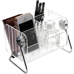 Remote Control Organizer - Clear acrylic divided organizer holding smartphone, pens, notebook, and perfume bottle on metal stand