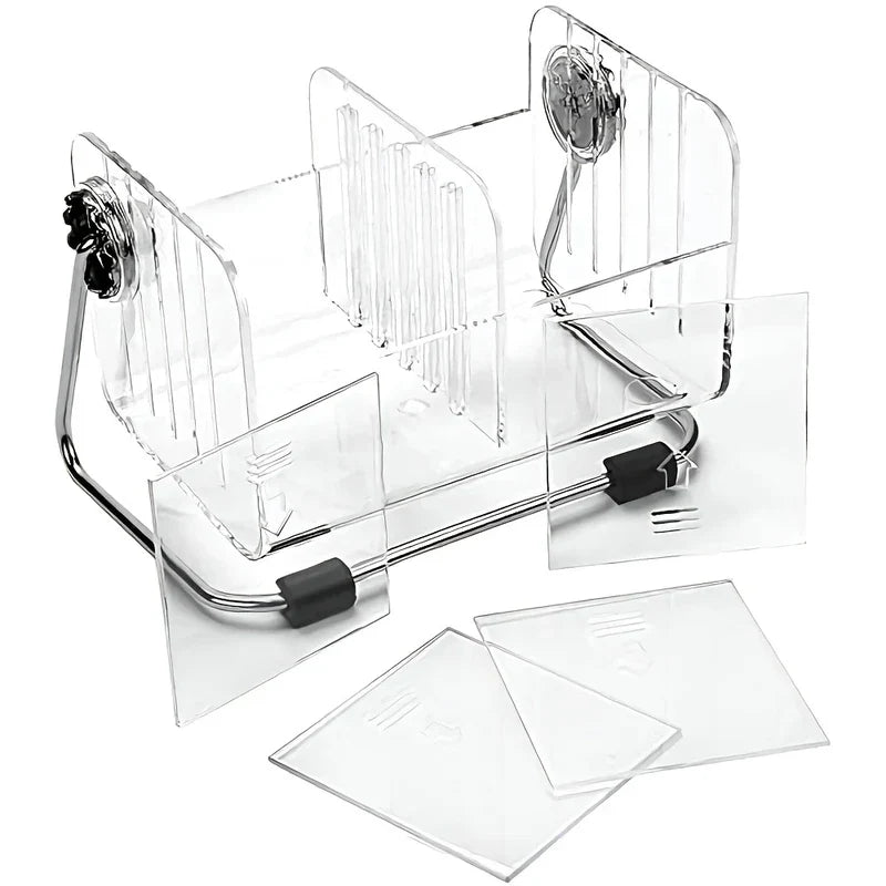 Remote Control Organizer - Clear storage organizer with chrome stand and detachable clear divider pieces laid out nearby