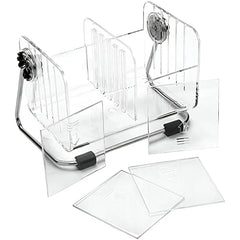 Remote Control Organizer - Clear storage organizer with chrome stand and detachable clear divider pieces laid out nearby