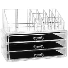 Plastic Storage Container - clear acrylic organizer with top divided compartments and three drawers on white background