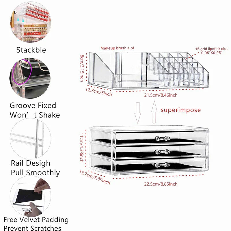 Plastic Storage Container - Diagram of stacked clear cosmetic organizer with dimension labels and four feature callouts