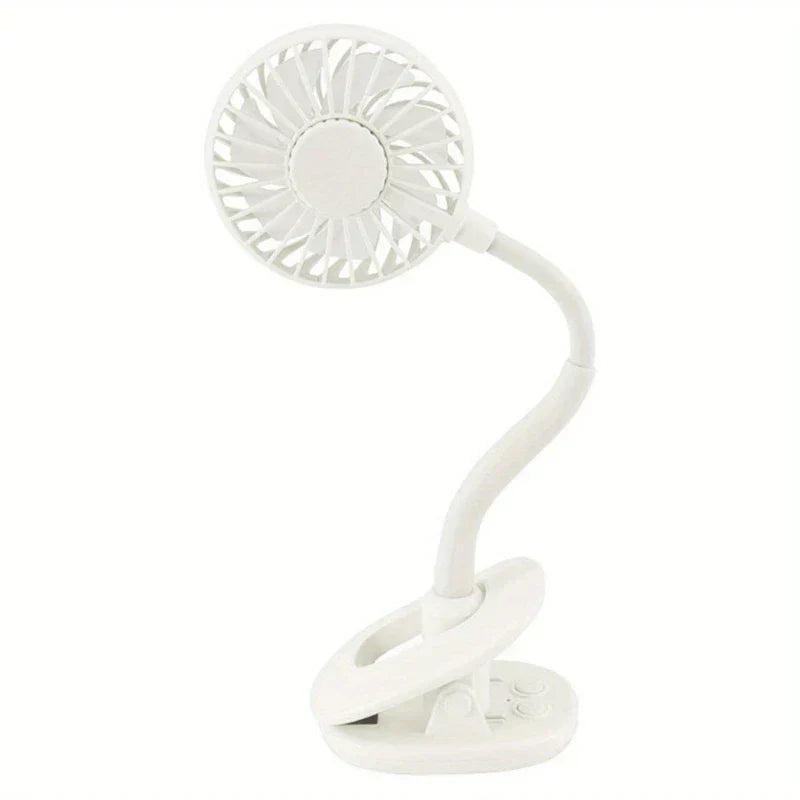 Desk Fan - White clip-on fan with flexible gooseneck arm, front view on white background