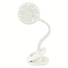 Desk Fan - White clip-on fan with flexible gooseneck arm, front view on white background