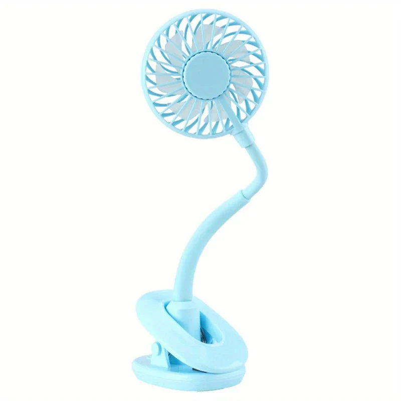 Light blue flexible clip-on mini desk fan with curved bendable neck, circular fan grille, and clip-style base