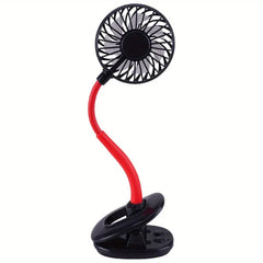 schreibtischventilator - Schwarzer und roter flexibler Mini-Tischventilator mit Klammer, rotem biegsamem Hals, schwarzem Ventilatorkopf und schwarzem Klammerfuß mit Bedientasten