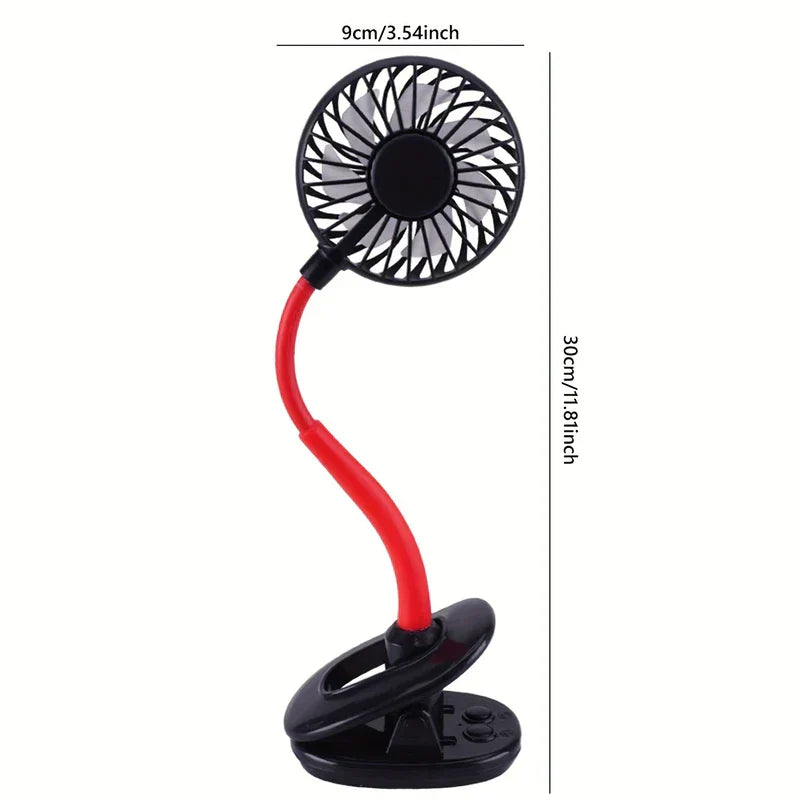 Desk Fan - Black clip-on fan with red flexible neck, with 9cm width and 30cm height dimension labels