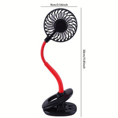 Desk Fan - Black clip-on fan with red flexible neck, with 9cm width and 30cm height dimension labels