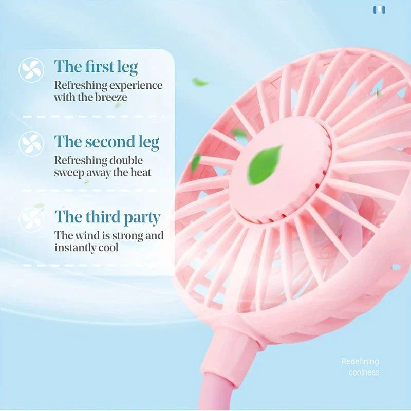 Desk Fan - Pink mini fan on light blue background with three listed wind speed text blocks