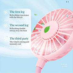 Desk Fan - Pink mini fan on light blue background with three listed wind speed text blocks
