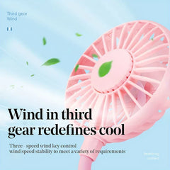 Desk Fan - Pink small fan on light blue background with third gear wind description text