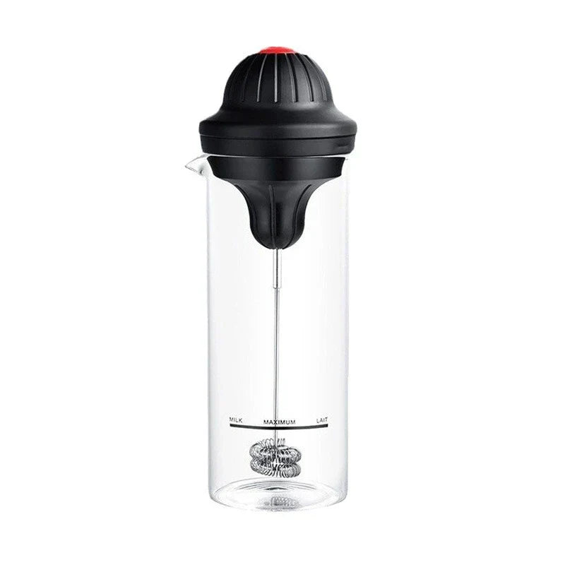 Coffee Drink Stirrer Electric Foaming Tool - Clear glass carafe foamer with black lid and spring whisk, front view on white background