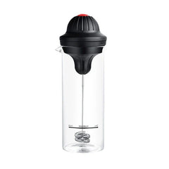 Coffee Drink Stirrer Electric Foaming Tool - Clear glass carafe foamer with black lid and spring whisk, front view on white background