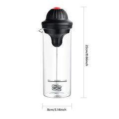 Coffee Drink Stirrer Electric Foaming Tool - Electric milk frother with clear glass beaker, black lid with red top button, and spring whisk, marked with 22cm height and 8cm width dimensions