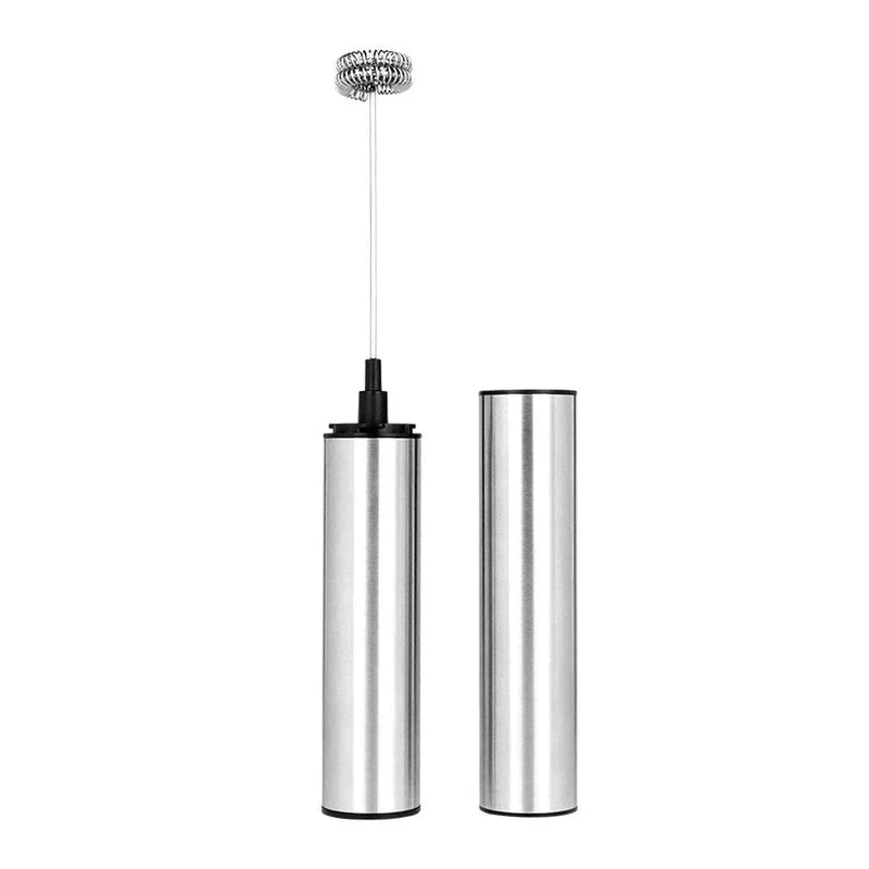 Frothing Tool - stainless steel handheld unit with spring whisk head and matching storage cap, front view on white background