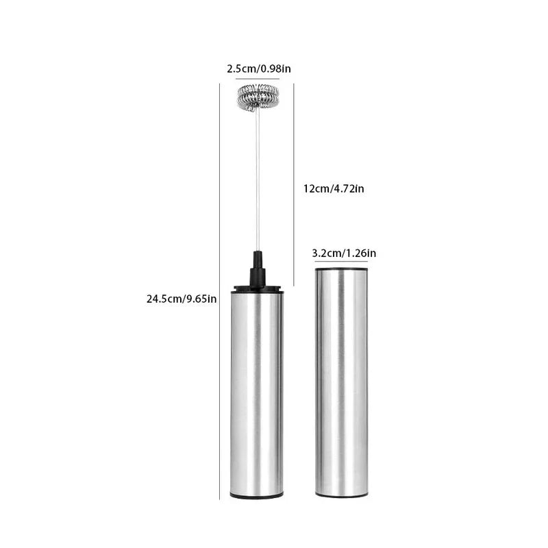 Frothing Tool - Diagram of a stainless steel handheld frother with matching storage tube, labeled with dimension markings in cm and inches