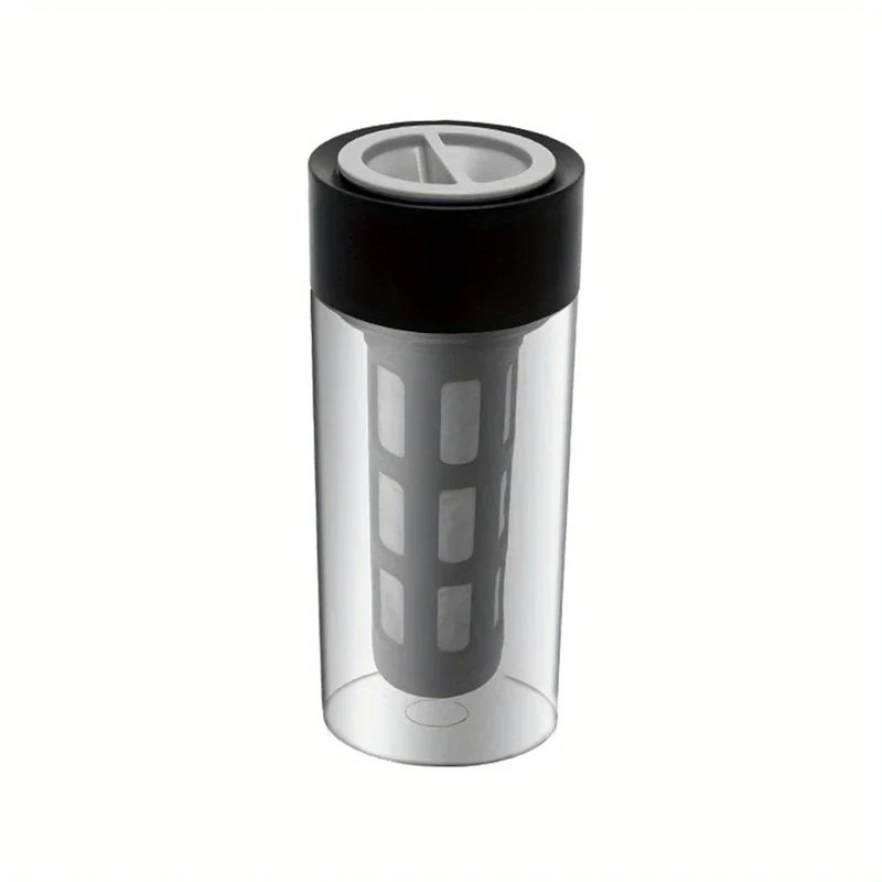 Cold Brew Coffee Maker - Cylindrical clear tumbler with black lid and gray internal filter insert, top has white slotted opening