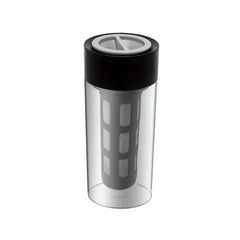 Cold Brew Coffee Maker - Cylindrical clear tumbler with black lid and gray internal filter insert, top has white slotted opening