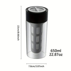 Cold Brew Coffee Maker - Clear cold brew bottle with black lid, grey filter inside, marked with 22cm height, 7.8cm width, 650ml volume