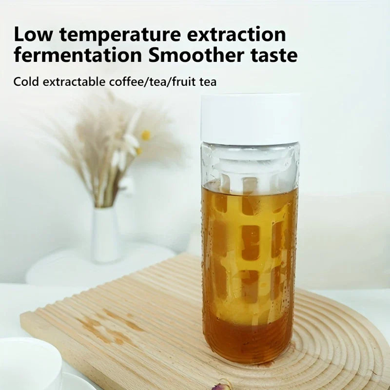 Cold Brew Coffee Maker - Clear cold brew bottle with white lid holds amber liquid inside, placed on wooden mat, text 'Low temperature extraction' above