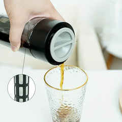 Cold Brew Coffee Maker - Hand holds black-lidded cold brew bottle pouring amber liquid into gold-rimmed glass, inset shows filter detail