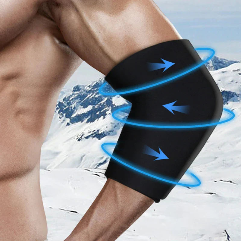 Elbow Ice Pack Wrap Brace - Wrap worn on elbow with blue cold compression effect graphics