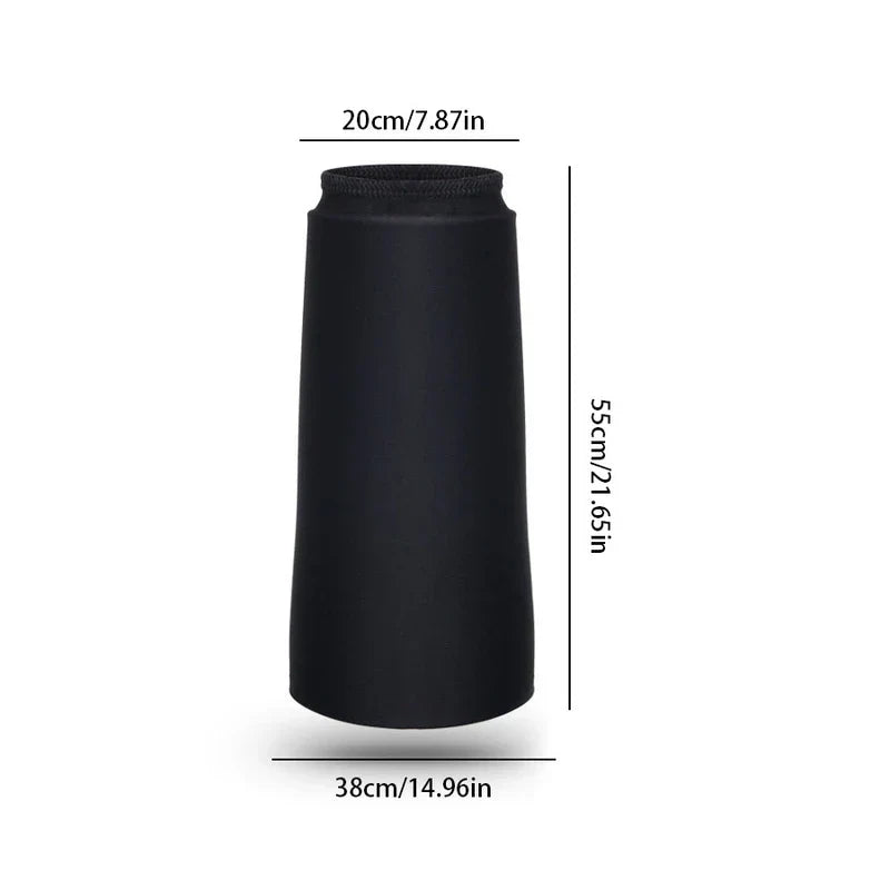 Elbow Ice Pack Wrap Brace - Black tapered sleeve with dimensions: 20cm/7.87in top width, 38cm/14.96in bottom width, 55cm/21.65in height
