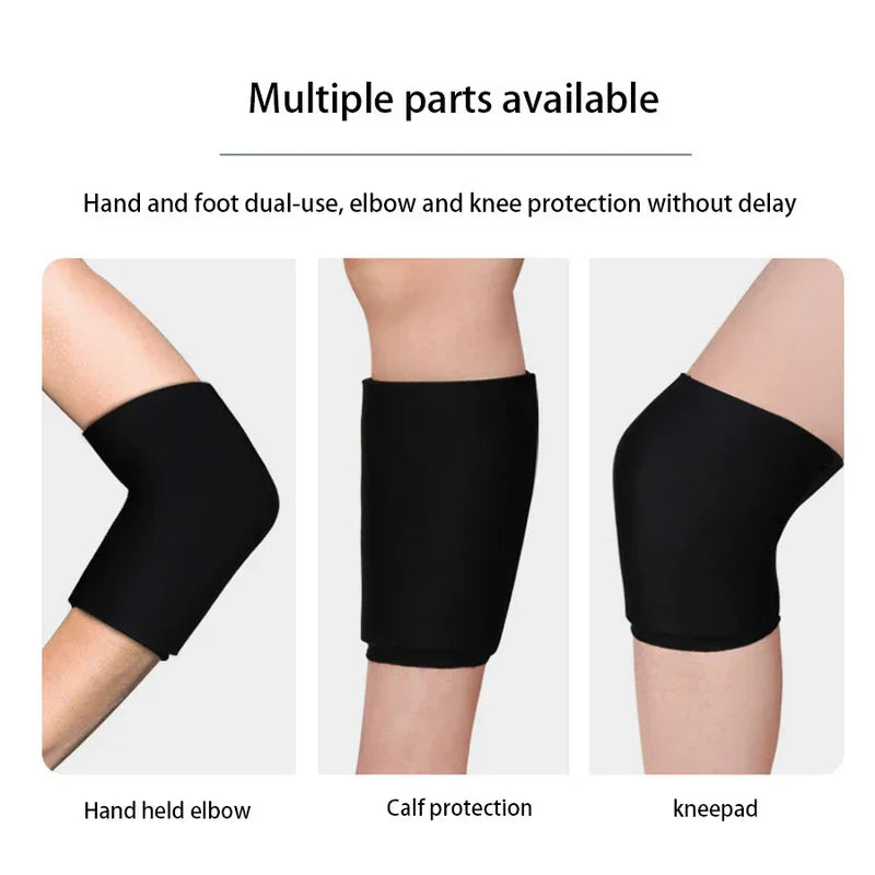 Elbow Ice Pack Wrap Brace - Demonstration of a black sleeve-style protective wear used on elbow, calf, and knee.