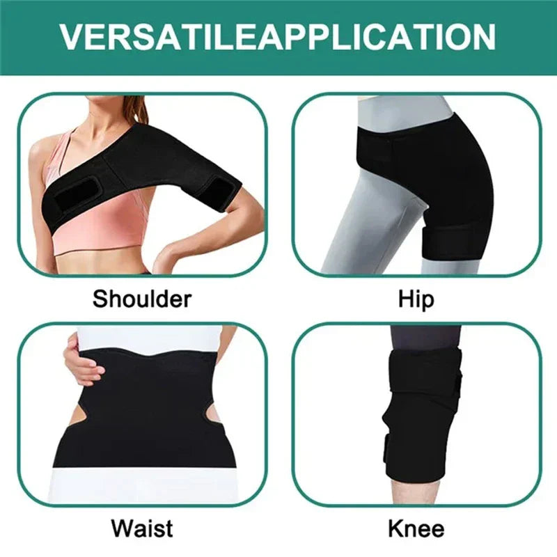 Shoulder Ice Pack - Infographic showing wrap brace used on shoulder, hip, waist, and knee