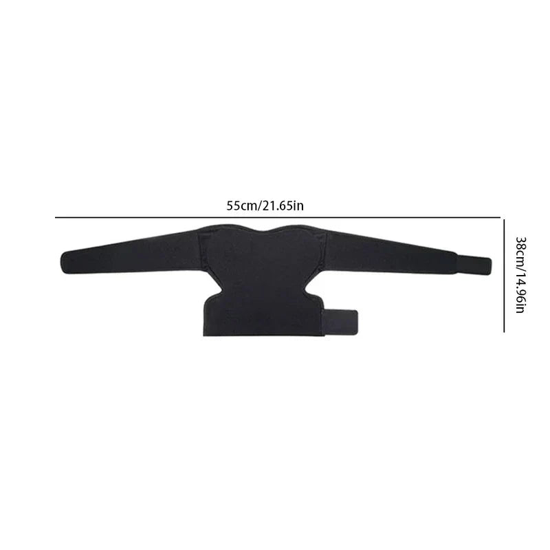 Shoulder Ice Pack - Black multi-strap wrap laid flat, with 55cm/21.65in width and 38cm/14.96in height dimension labels.