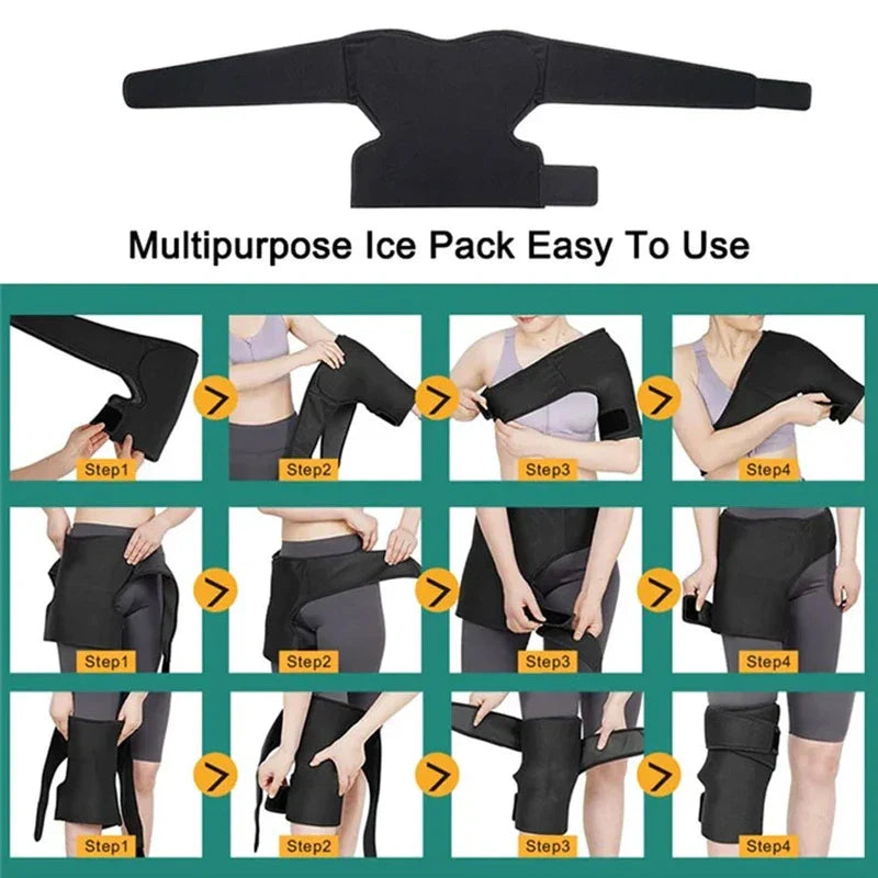 Shoulder Ice Pack - Step-by-step demonstration grid showing the black wrap worn on shoulder, hip, and knee, with 'Multipurpose Ice Pack Easy To Use' text above.