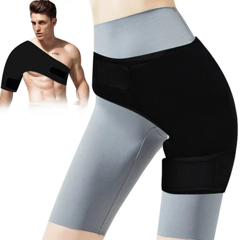 Shoulder Ice Pack - Black wrap shown worn on a person's left shoulder, and worn on a person's right hip and thigh over gray leggings.