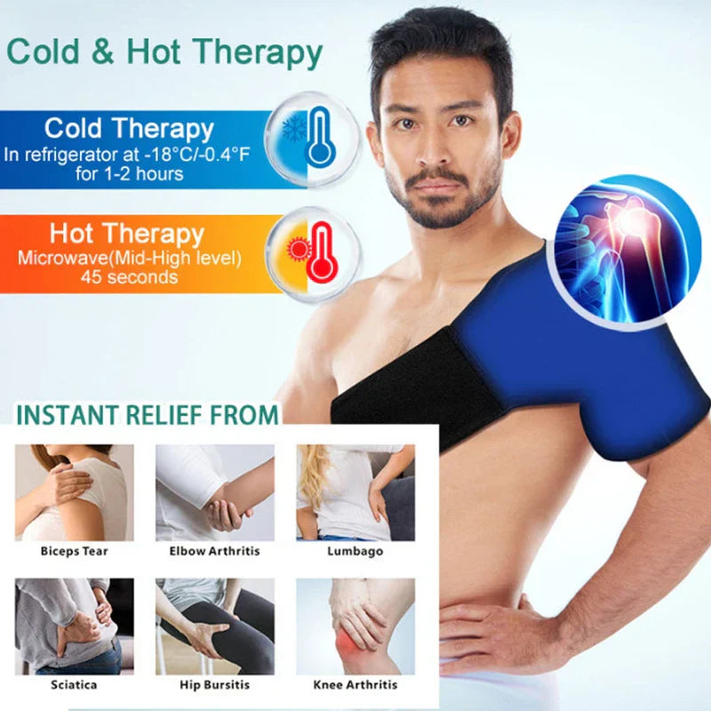 Shoulder Ice Pack - Man wearing shoulder cold/hot therapy wrap, with cold/hot use instructions and pain condition illustrations