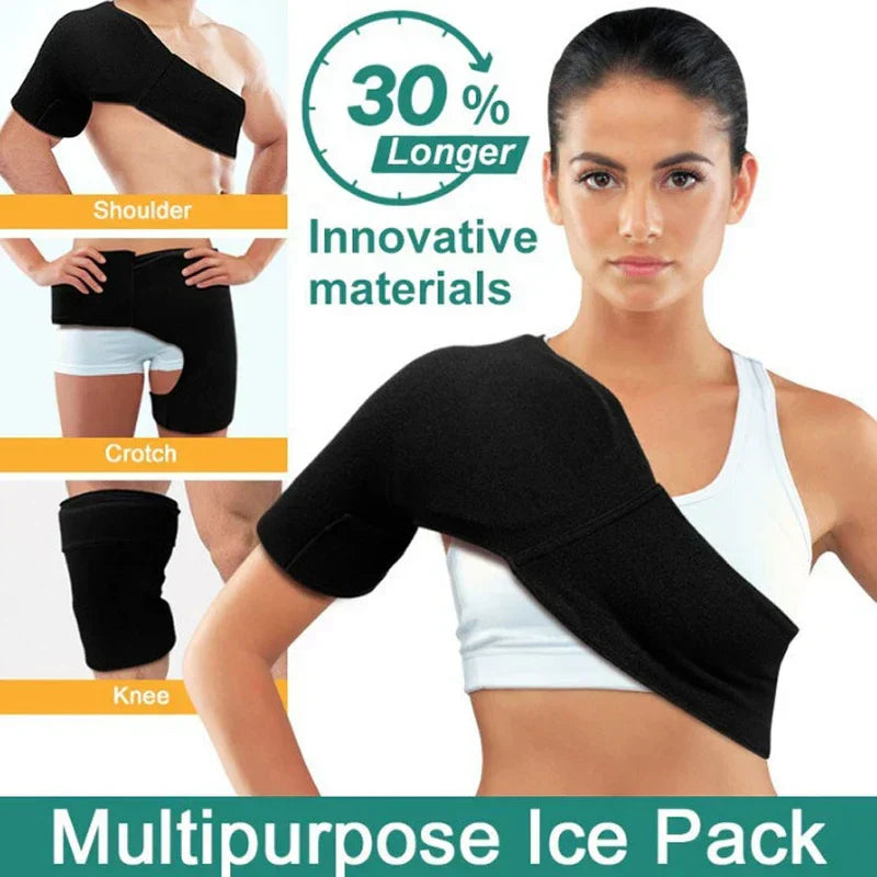Shoulder Ice Pack - Woman wearing multipurpose wrap, with smaller images showing the wrap used on shoulder, crotch/hip, and knee