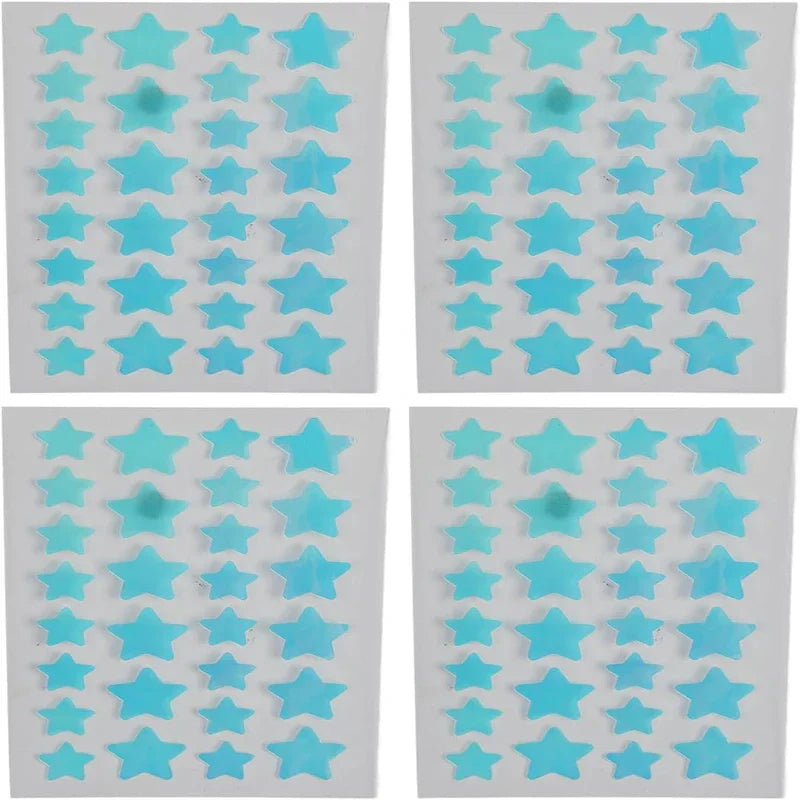Colorful Hydrocolloid Acne Patches - Four sheets of light blue star-shaped pimple patches in two sizes, laid out on a white background