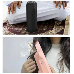 Aroma Diffuser Hair Brush - Top: Black electronic device placed on a patterned rug in front of a person in white clothing. Bottom: Pink comb-style device held in hair, emitting visible mist.