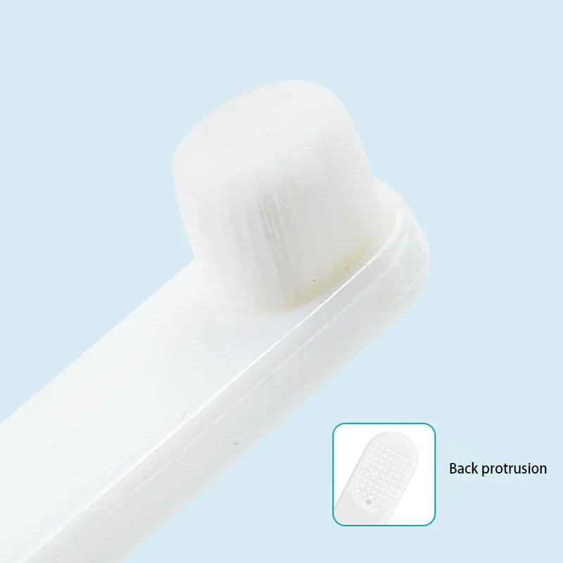 Folding Toothbrush Set - Close-up of a white cylindrical brush head, with a small inset showing a bumpy textured pad labeled 'Back protrusion'