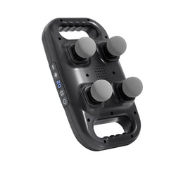 Compact Muscle - Black four-head massage device with two side handles, control panel on left edge with digital display showing 02, and four round gray massage heads on the front face.
