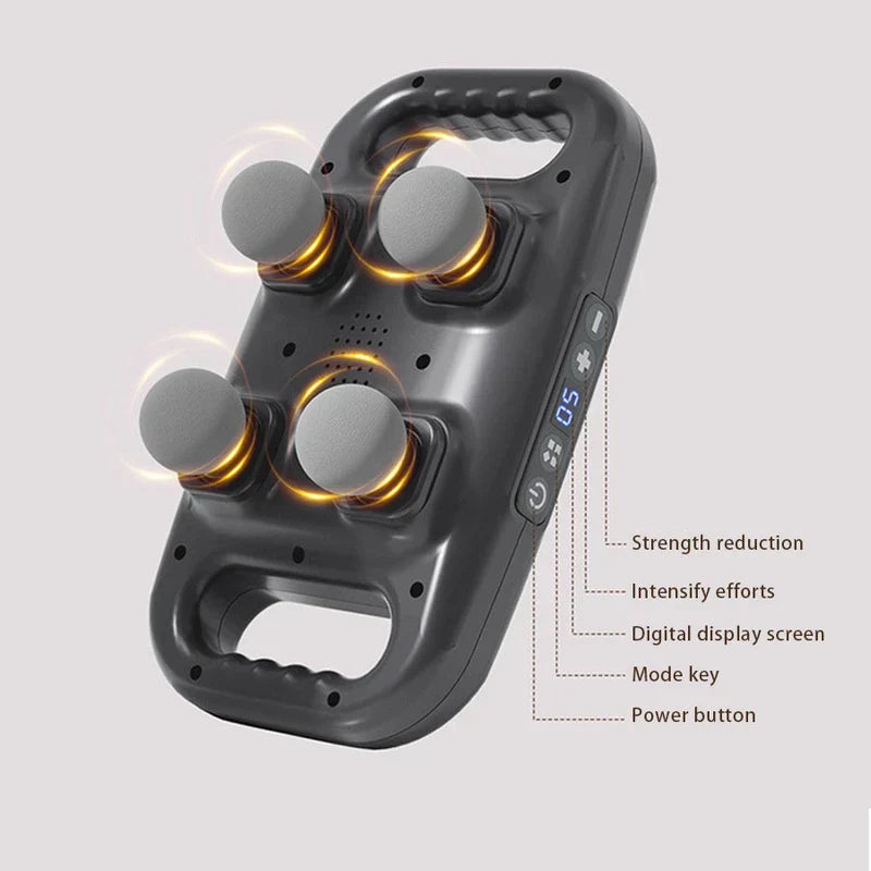 Compact Muscle - Dispositivo de masaje de cuatro cabezales con anillos naranjas brillantes alrededor de los cabezales de masaje y botones de control etiquetados para encendido, modos, intensidad y una pantalla digital