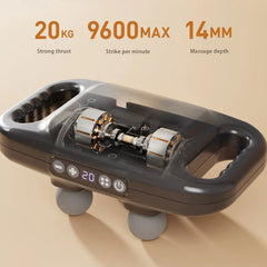 Compact Muscle - Dark gray massage device with transparent top showing internal dual motor assembly, control panel with digital display showing 20, and two gray massage heads visible. Text labels: 20KG Strong thrust, 9600MAX Strike per minute, 14MM Massage depth.
