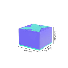 Wireless Speaker System - Purple square box with teal X-shaped textured top, teal bottom trim, labeled 5cm x 5cm x 3.5cm tall.