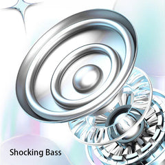 Wireless Speaker System - Close-up of silver speaker drivers against a light iridescent background, with text Shocking Bass