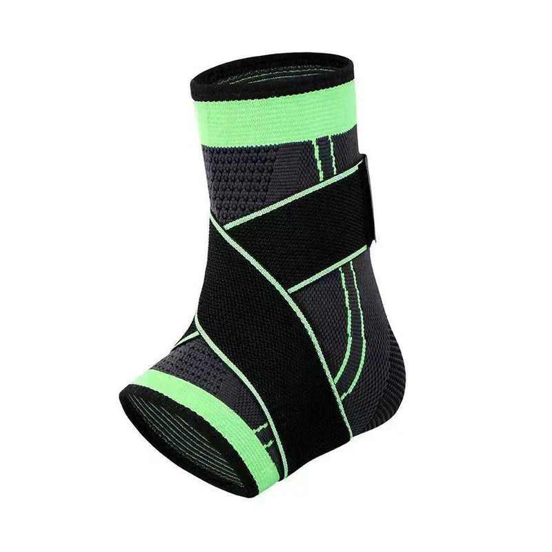 Compression Ankle Brace - black and green knit support wrap with adjustable strap, front angle view