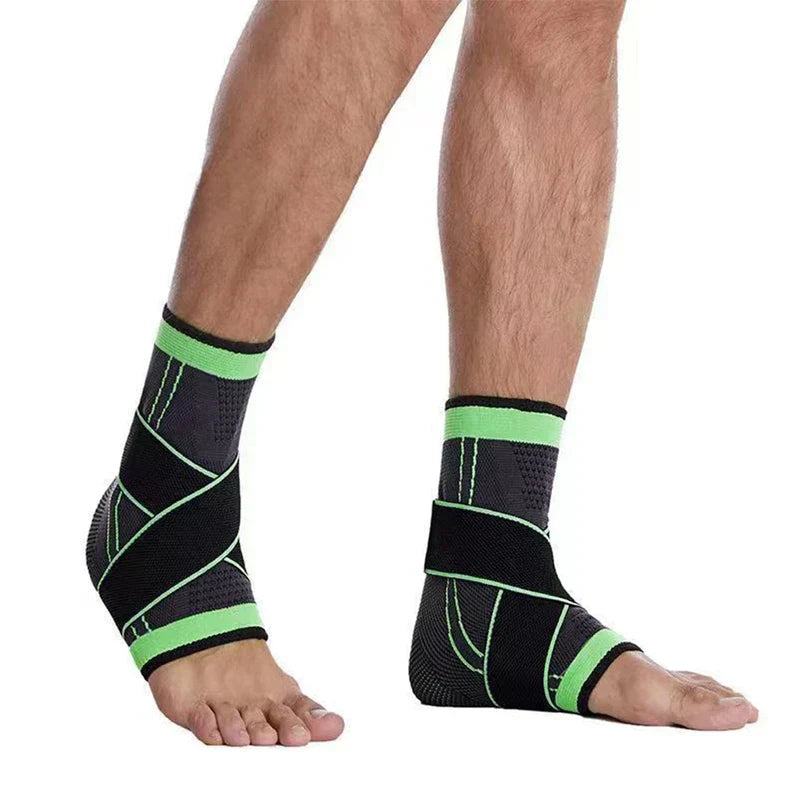 Compression Ankle Brace - support wrap worn on both ankles, front view of standing legs