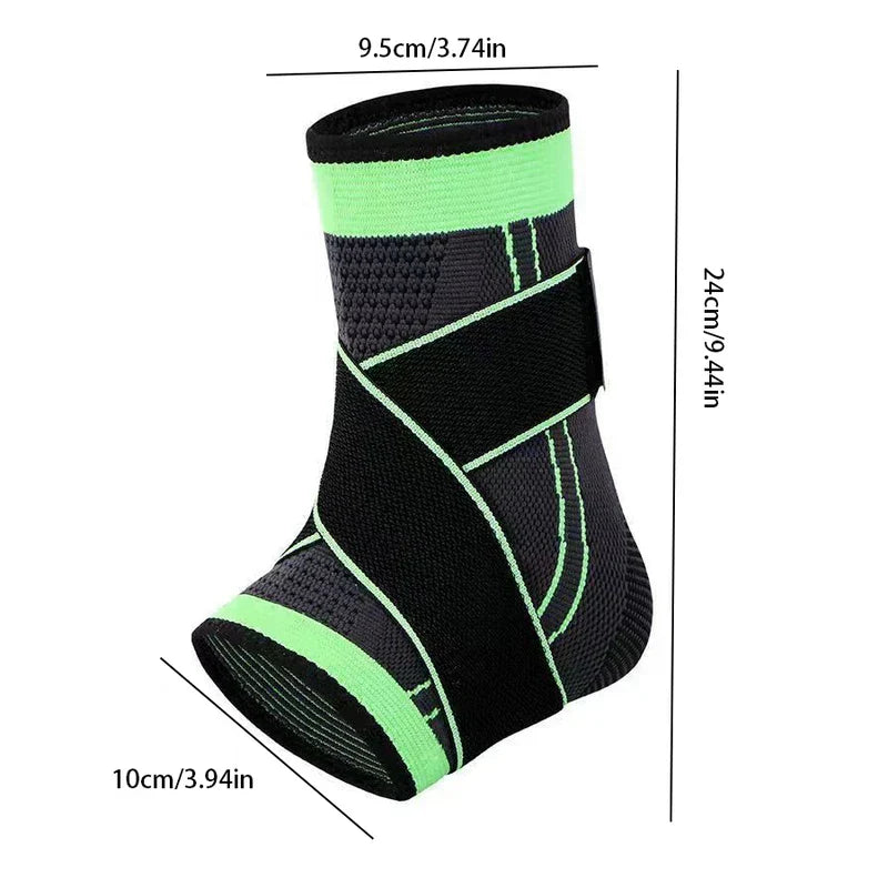 Compression Ankle Brace - Black and lime green ankle brace with dimensions labeled: 9.5cm top width, 24cm height, 10cm foot opening width